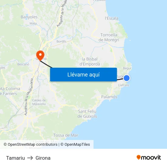 Tamariu to Girona map