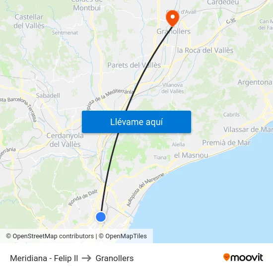 Meridiana - Felip Il to Granollers map