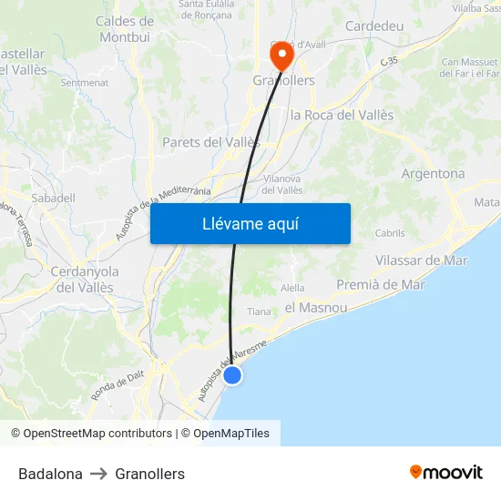 Badalona to Granollers map