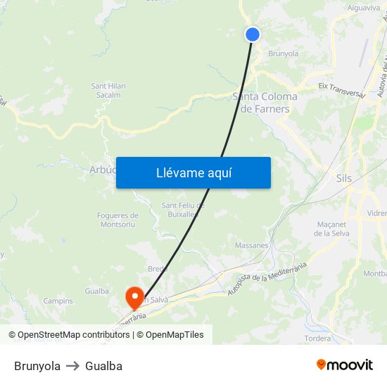 Brunyola to Gualba map