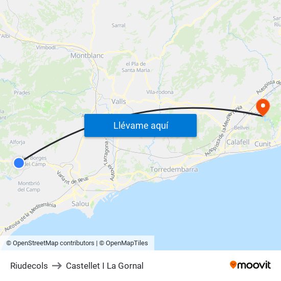 Riudecols to Castellet I La Gornal map