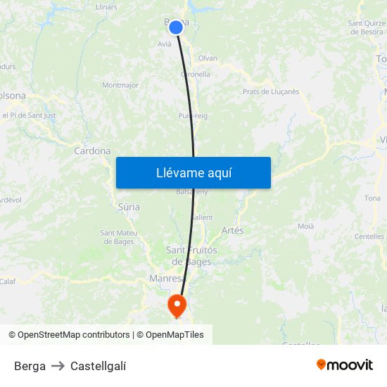 Berga to Castellgalí map