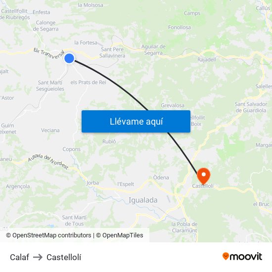 Calaf to Castellolí map