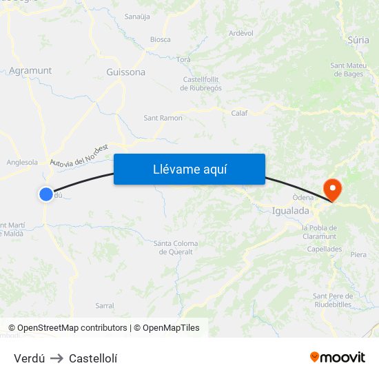 Verdú to Castellolí map