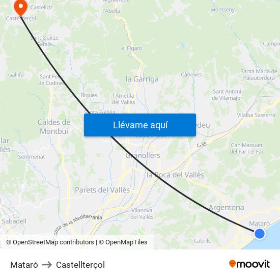 Mataró to Castellterçol map