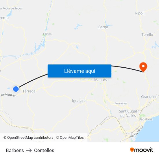 Barbens to Centelles map