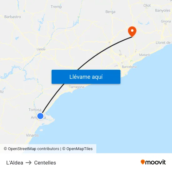 L'Aldea to Centelles map