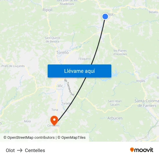 Olot to Centelles map