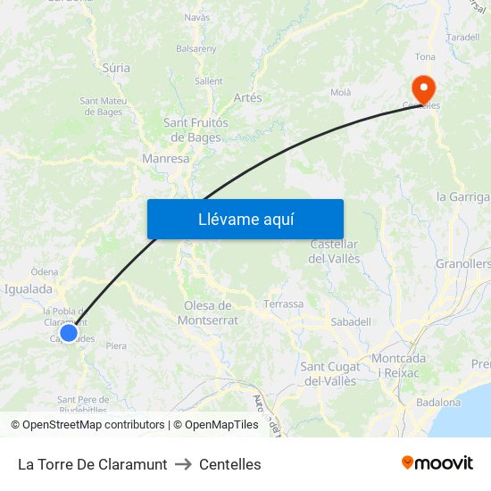 La Torre De Claramunt to Centelles map