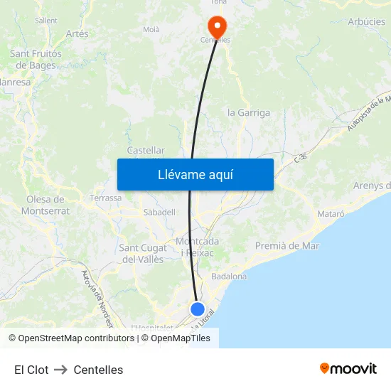 El Clot to Centelles map