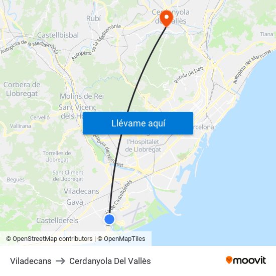 Viladecans to Cerdanyola Del Vallès map