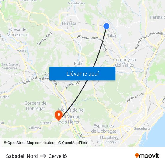 Sabadell Nord to Cervelló map