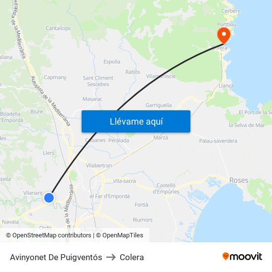Avinyonet De Puigventós to Colera map