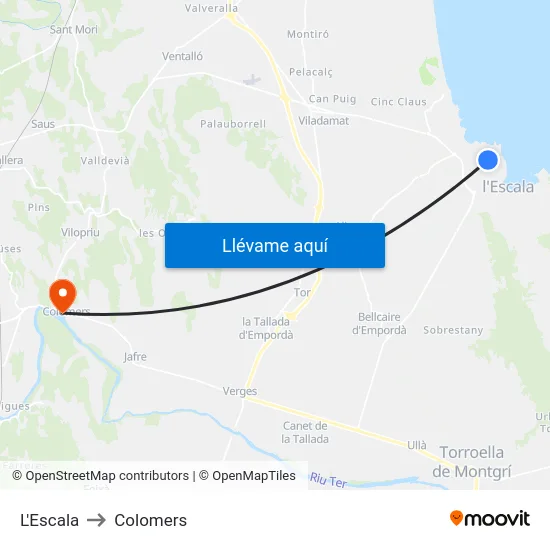 L'Escala to Colomers map