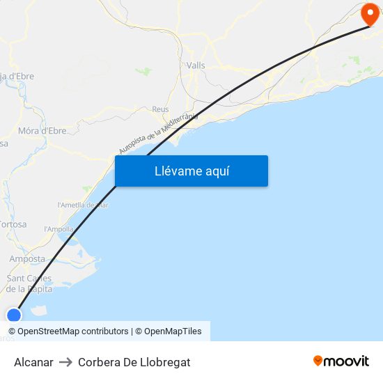 Alcanar to Corbera De Llobregat map