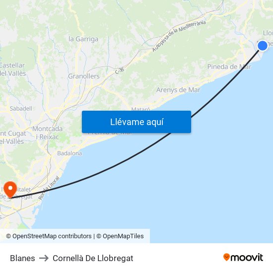 Blanes to Cornellà De Llobregat map