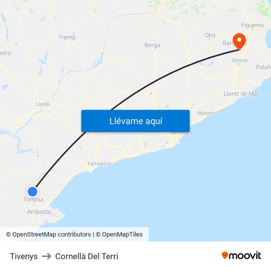 Tivenys to Cornellà Del Terri map