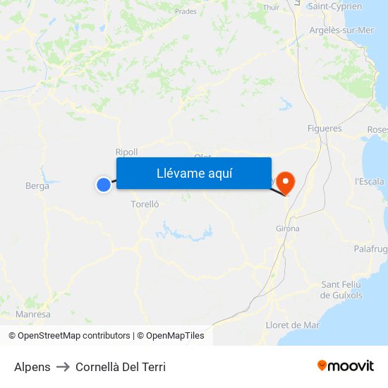 Alpens to Cornellà Del Terri map