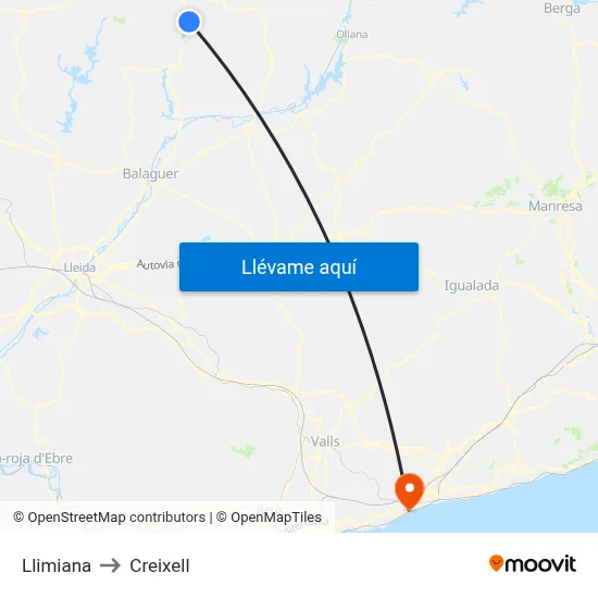 Llimiana to Creixell map
