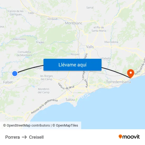 Porrera to Creixell map