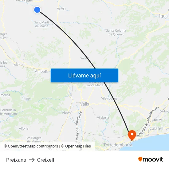 Preixana to Creixell map