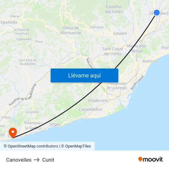 Canovelles to Cunit map
