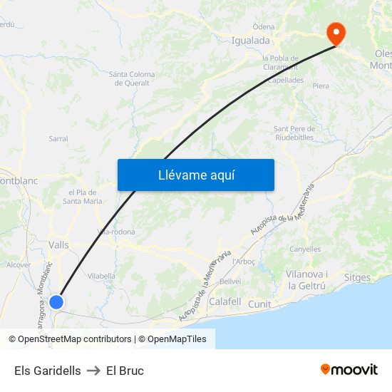 Els Garidells to El Bruc map