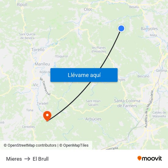 Mieres to El Brull map