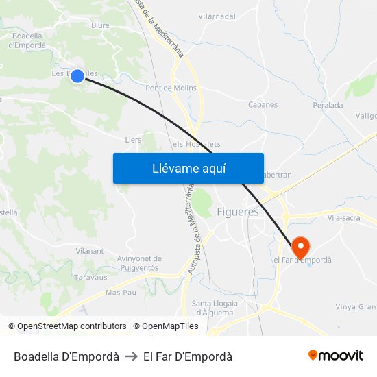 Boadella D'Empordà to El Far D'Empordà map