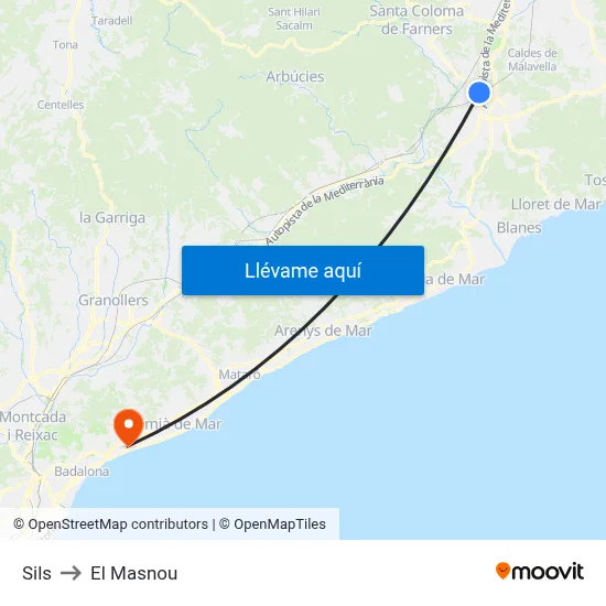 Sils to El Masnou map