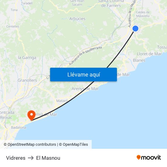 Vidreres to El Masnou map