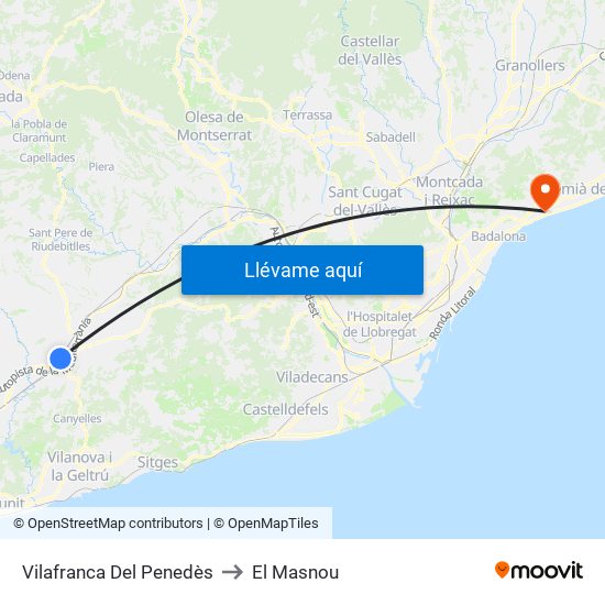 Vilafranca Del Penedès to El Masnou map