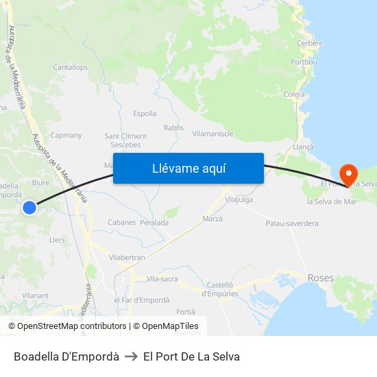 Boadella D'Empordà to El Port De La Selva map