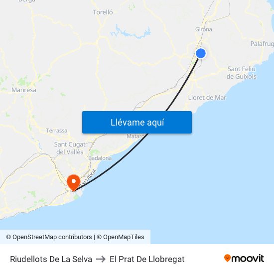 Riudellots De La Selva to El Prat De Llobregat map
