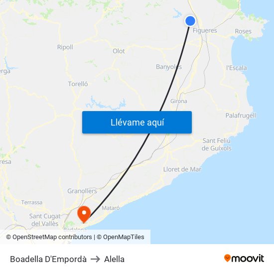 Boadella D'Empordà to Alella map