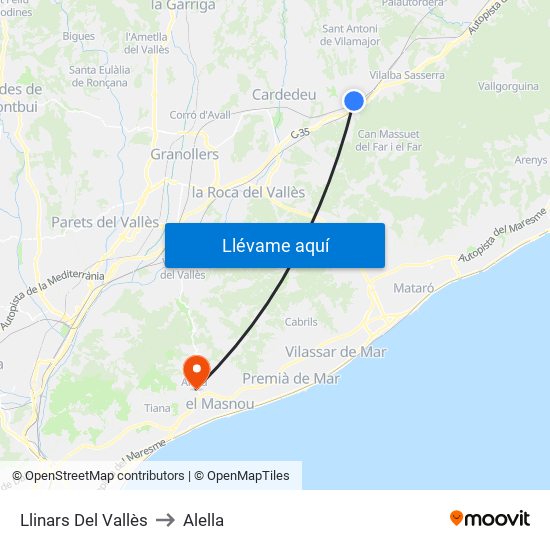 Llinars Del Vallès to Alella map