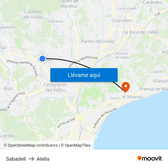Sabadell to Alella map