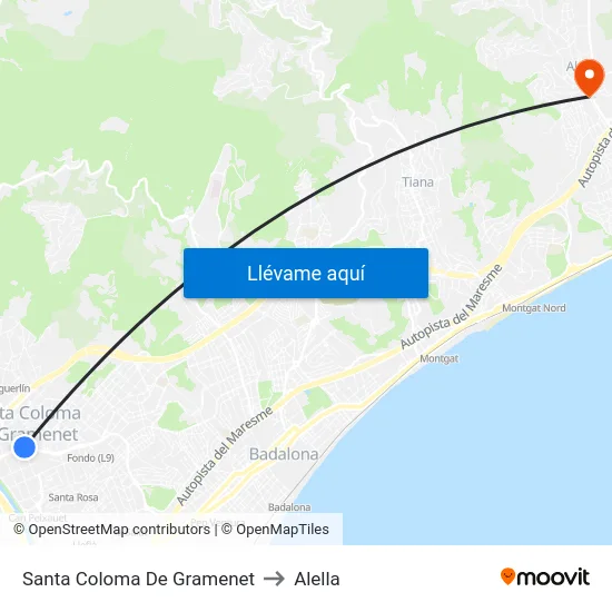 Santa Coloma De Gramenet to Alella map