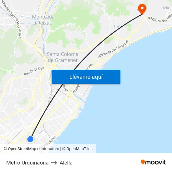 Metro Urquinaona to Alella map