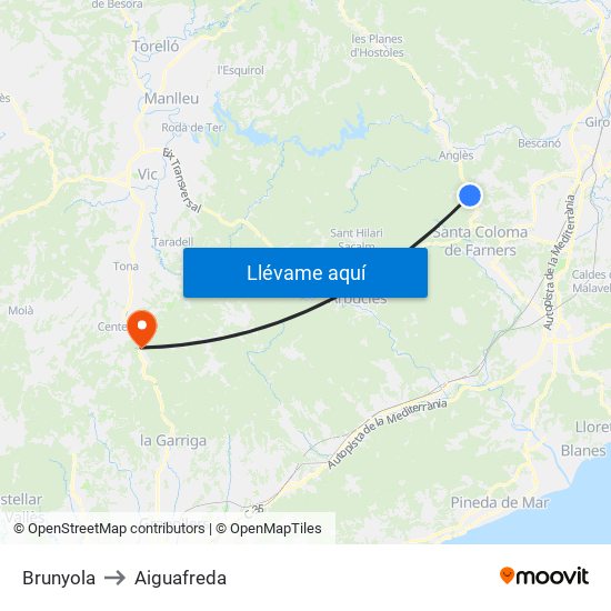 Brunyola to Aiguafreda map
