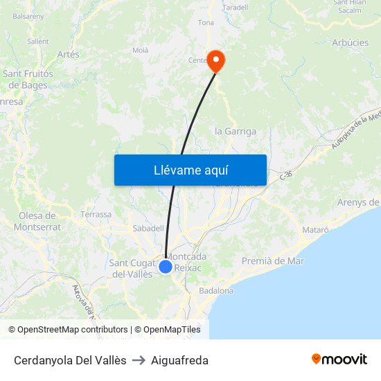 Cerdanyola Del Vallès to Aiguafreda map