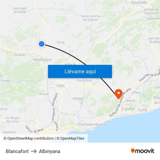 Blancafort to Albinyana map