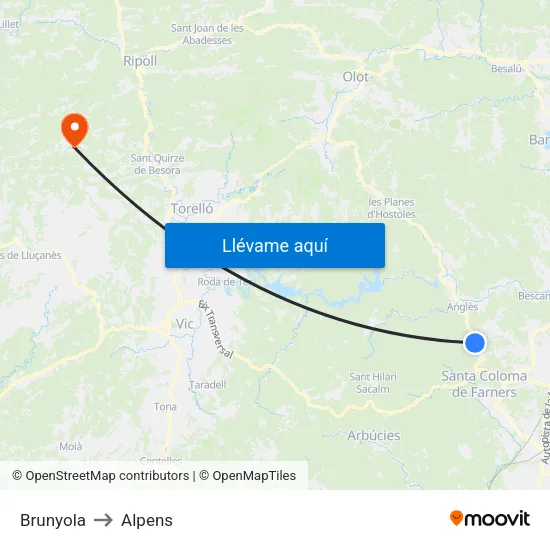 Brunyola to Alpens map