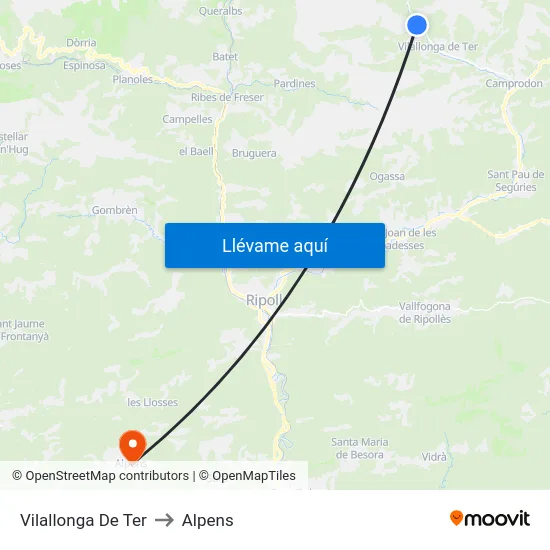 Vilallonga De Ter to Alpens map