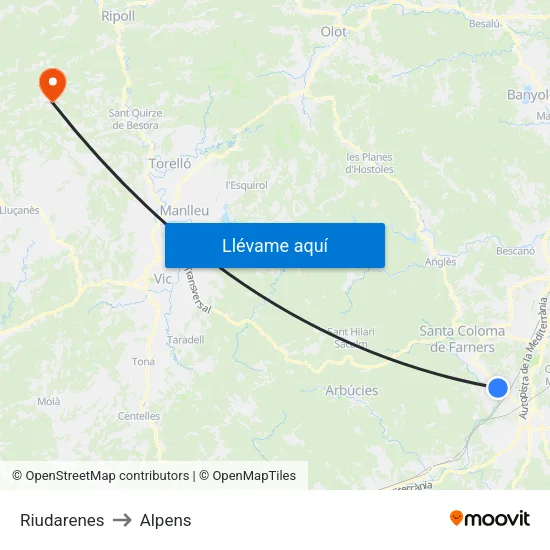 Riudarenes to Alpens map