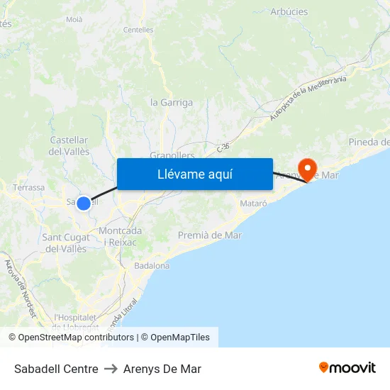 Sabadell Centre to Arenys De Mar map