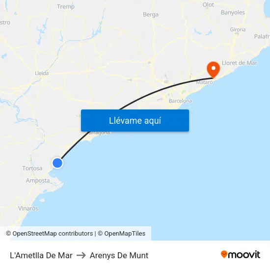 L'Ametlla De Mar to Arenys De Munt map