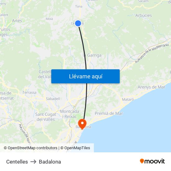 Centelles to Badalona map