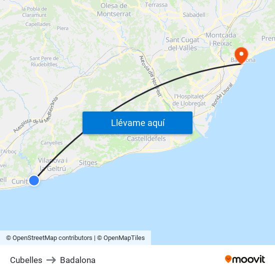 Cubelles to Badalona map