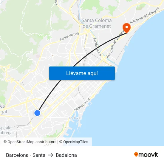 Barcelona - Sants to Badalona map
